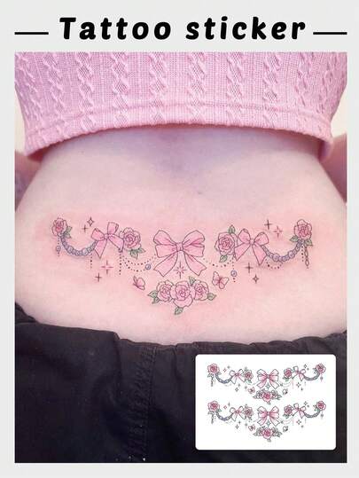 1pc Y2K Inspired Pink Rose & Bow Temporary Tattoo, Waterproof & Long-Lasting, Girly Waist Chain Design, Suitable For Girls, Party & Clubwear