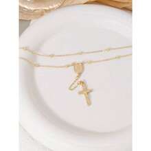 1pc Vintage Cross & Virgin Mary Pendant Faux Pearl Y-Shape Necklace, Women Party & Everyday Accessory (Random Pearl Beads) - 金色 - 查看 4