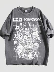 Dorohedoro Character Grid Collage Graphic Crew Neck T-Shirt - 灰色 - 查看 1