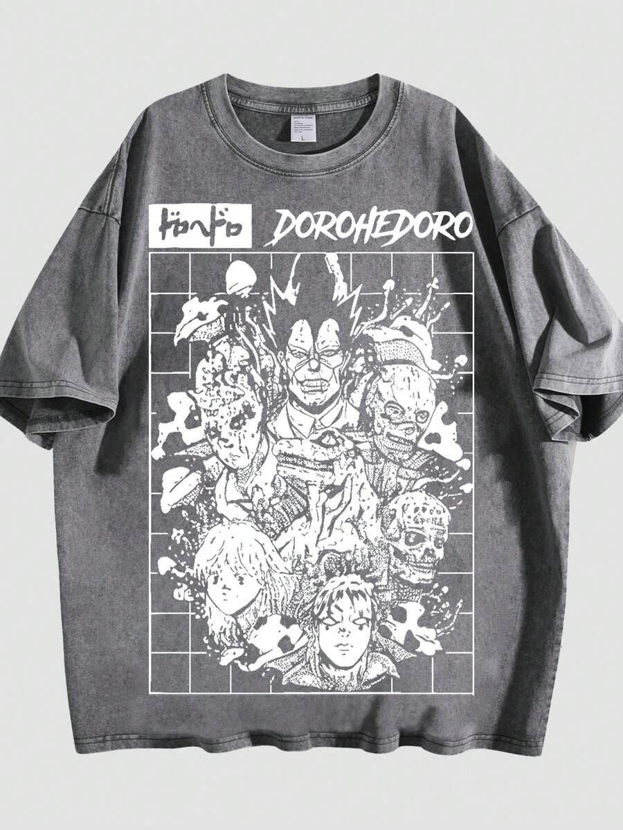 Dorohedoro Character Grid Collage Graphic Crew Neck T-Shirt - 灰色 - 查看 1