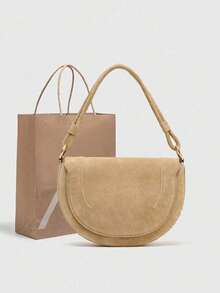 ZA New Autumn Women's Burgundy Saddle Bag, Contrast Stitching Design, Handheld/Shoulder/Crossbody Hard Cover Flap Bag - Khaki - View 6