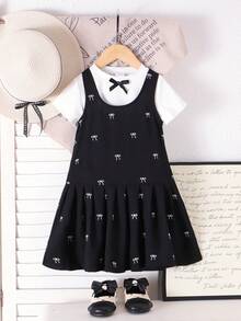 2件套女童校服套装，白色短袖T恤+黑色连衣裙，轻薄夏季休闲度假装 - 黑與白 - 查看 2