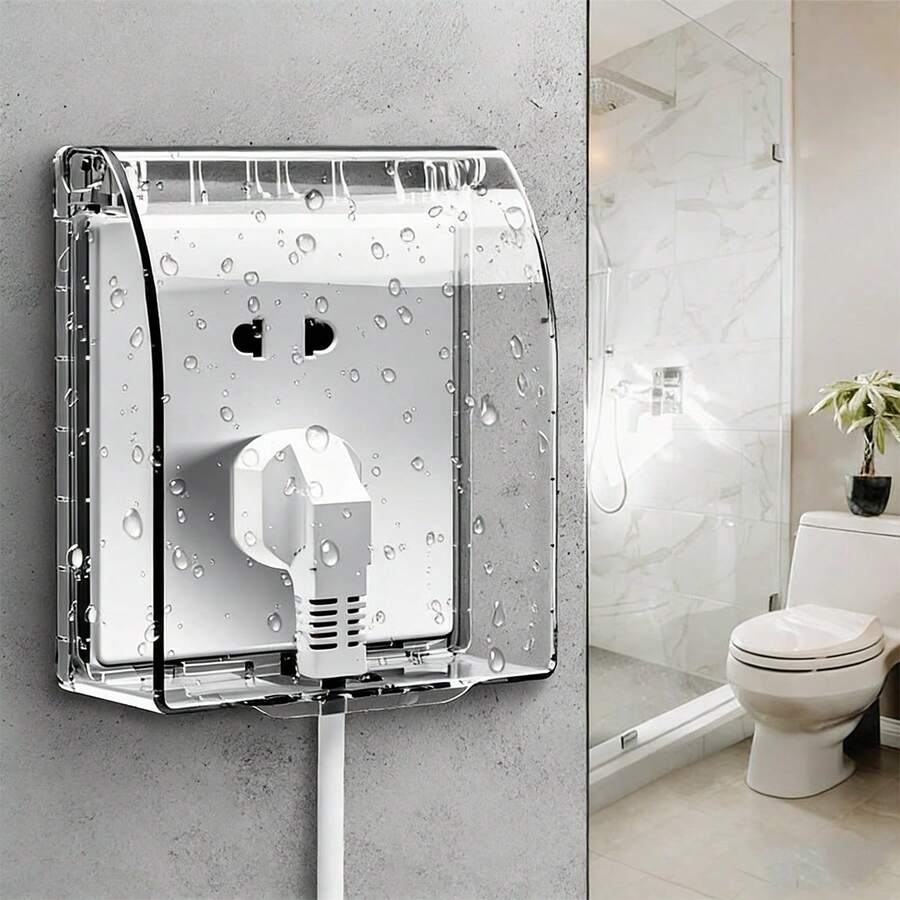 1pc Transparent Smoke-Gray Non-Drilled Socket Waterproof Box, Bathroom Splash-Proof Box, Socket Protection Cover, Kitchen Switch Anti-Drip And Anti-Dust Box, Kitchen And Bathroom Power Socket Protection Box, Anti-Electric Shock, Large-Angle Flip Cover Design, Strong Adhesive Socket Protection Cover