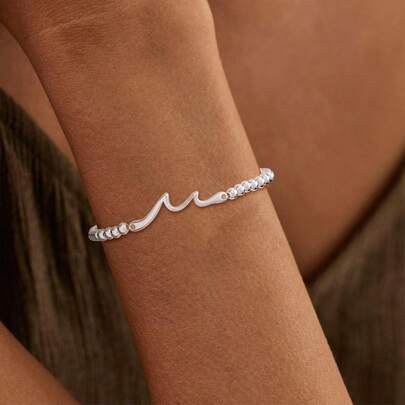 1pc Women's Beaded Bracelet, Silver Elastic Handmade Bead Bracelet With Cute Pendant, Elegant Wavy Jewelry Gift, Fashionable Item