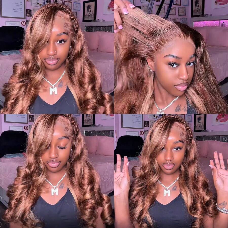 ZHENDEFA 360° Drawstring High Definition Transparent Front Lace Human Hair Wig, 4/27 Ombre Gradient Big Waves, Pre-Trimmed Hairline, Glueless Honey Blonde, 200% Density