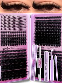 1380pcs/680pcs T50+80D+100D+120D Lash Clusters Kit D Curl High Capacity DIY Eyelash Extensions Suit For Beginners, Faux Mink Eyelashes, Individual Lashes, Mixed Style Lash Clusters Extensions DIY Cluster Lash At Home Makeup Beauty Fake Lash Extensions For Enlarging Your Eyes, DIY At Home, Large Capacity Eyelashes Book, Includes Lash Glue, Tweezers, Brush & Remover, Suitable For Cosplay, Wedding, Night Party, Stage Makeup Beauty, For Christmas, Halloween, Music Festival, Special Occasions - 紫色 - 查看 3
