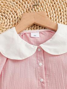 Girls' Elegant Ruched Collar Puff Sleeve Blouse + Fashionable White Double-Layer Pleated Skirt 2-Piece Set, Casual Minimalist Sweet Girl Skirt Suit, Suitable For Daily Outdoor Activities And Beach Wear - Baby Pink - View 3