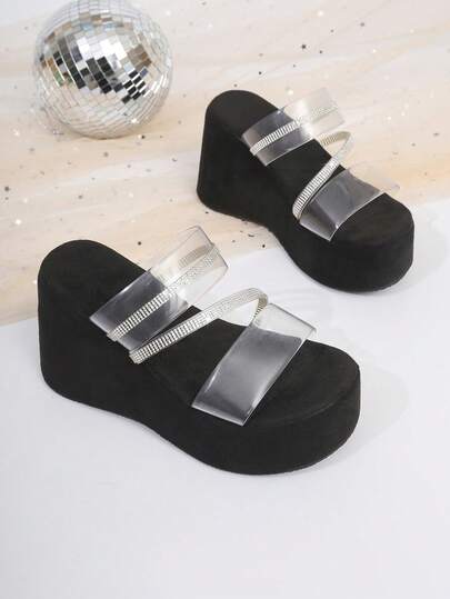 1双优雅纯色时尚PU皮革搭扣厚底凉鞋，春秋季户外必备单品