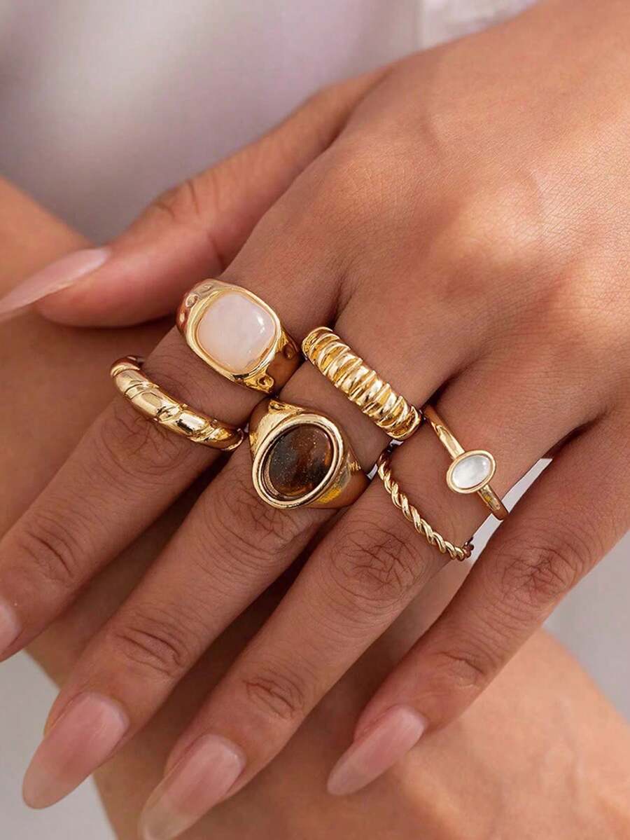 6pcs/Set Minimalist French Style Metal Vintage Rings Set, Personalized Design, Suitable For Parties, Gifts, Daily Wear (Please Do Not Wear While Bathing, Size Chart Included, Do Not Forcefully Bend, Purchase Carefully) (Slight Difference Between Picture And Actual Product, Actual Product Prevails) - Gold - View 1