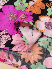 Petal Sleeve Lace Trim Floral Mixed Print Ruffle Hem Women Blouse Casual Summer - Hot Pink - View 7