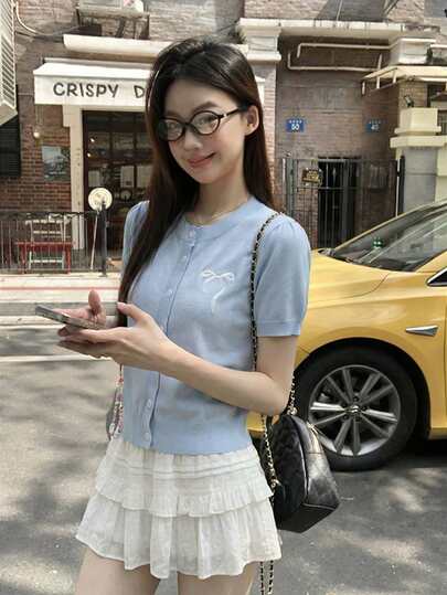 蓝色针织短袖女式夏季蝴蝶刺绣圆领修身短袖T恤薄款开衫