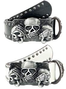 1pc Vintage Punk Rock Style Skull Buckle Fashion Belt For Men - XD - Three Skulls - View 1