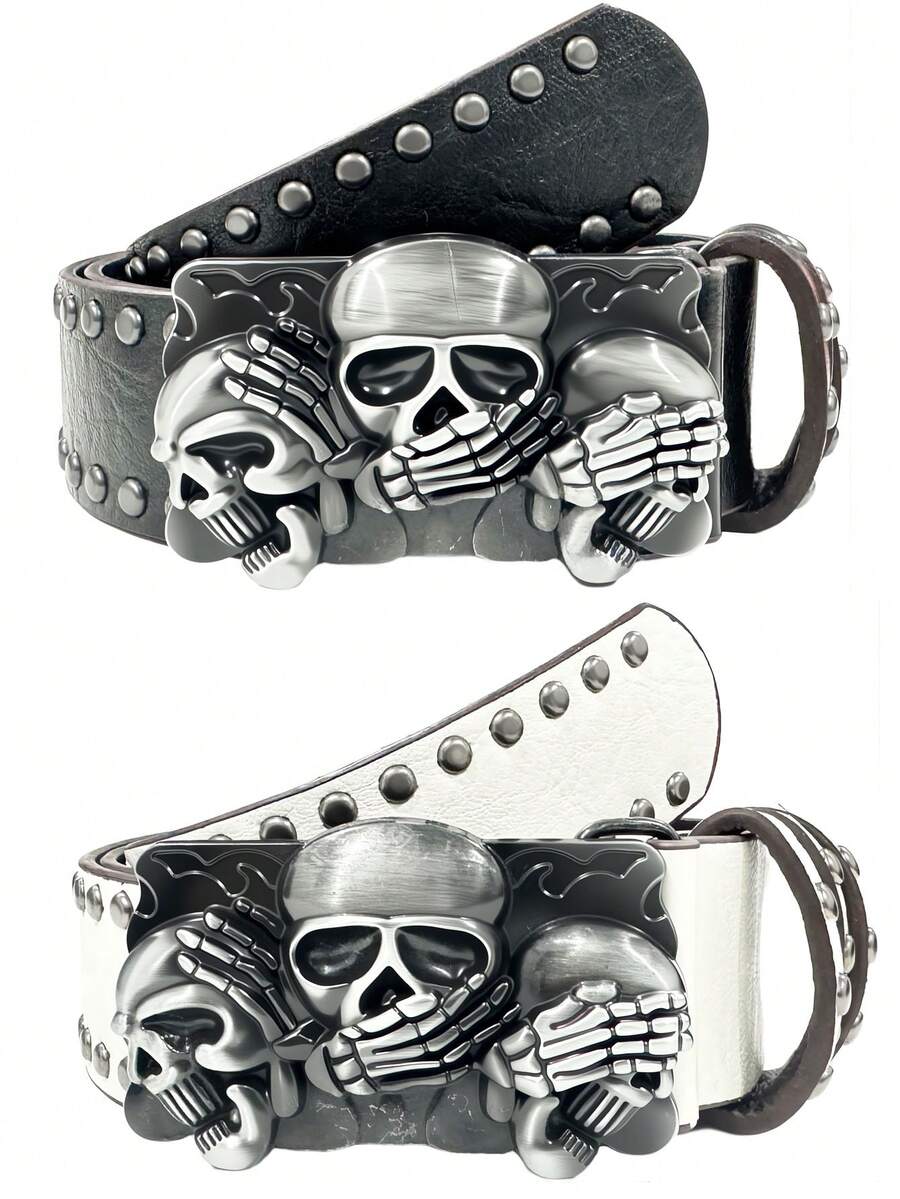 1pc Vintage Punk Rock Style Skull Buckle Fashion Belt For Men - XD - Three Skulls - View 1