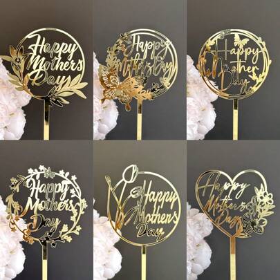 6 Pieces Mother's Day Happy Cake Topper Set, Featuring Butterfly, Heart, And Rose Designs On Acrylic Cake Toppers, Perfect For Mother's Day Cake Decorations And Party Supplies.
