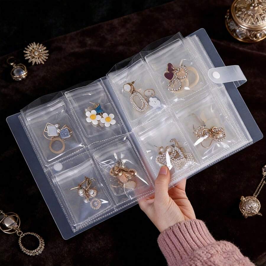 1PC Transparent Travel Jewelry Storage Box (84-Compartment Earring Holder + Multi-Compartment Storage Book) – Portable Plastic Jewelry Storage Box, Suitable For Displaying Necklaces, Bracelets, Rings, And Cosmetics, Compact Design For Easy Portability - Sách lưu trữ 1PC-84 ngăn - Xem 1