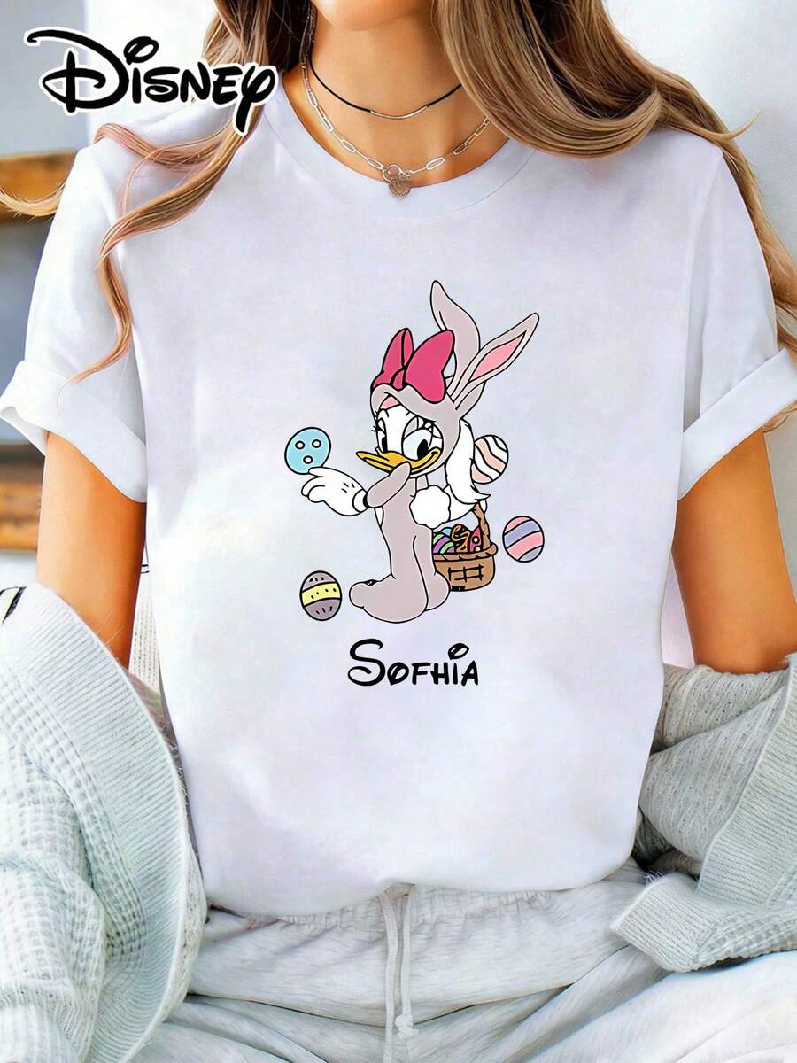 This Disney Daisy Duck Bunny Graphic Cotton Short Sleeve T-Shirt For Women Is Perfect For Taking Photos At Disneyland, As A Travel Souvenir, For Everyday Casual Wear, Or For Matching Family Outfits. It's Also An Ideal Valentine's Day Gift For Friends And Family. A New Spring Style, This Women's Clothing Is Comfortable And Skin-Friendly, Suitable For Outdoor Wear. - White - View 1