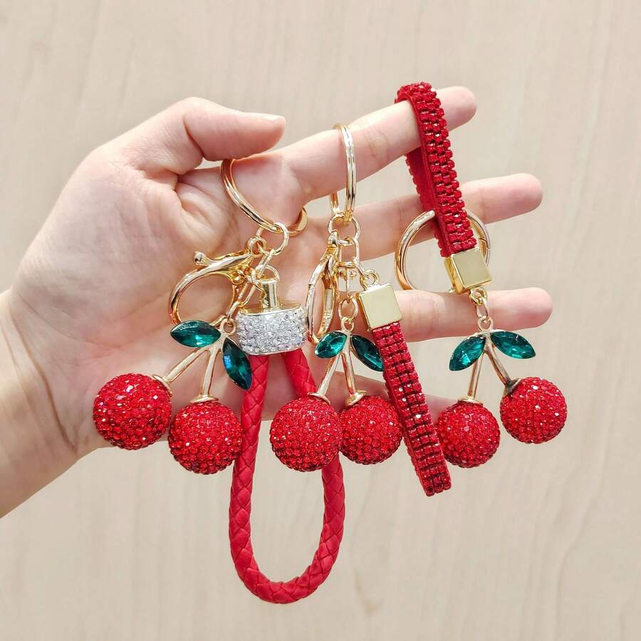 Rhinestone Cherry Keychain, Cute Simulated Cherry Metal Bag Charm, Ins Style Car Key Chain Pendant - Multicolor - View 1