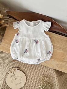 Bộ áo liền quần bằng cotton trắng thêu hoa tay bồng cho bé gái sơ sinh, thích hợp cho mùa hè. - trắng - Xem 6