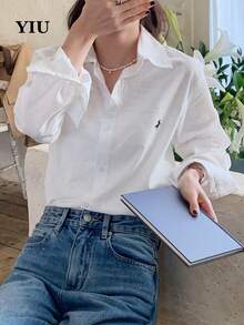 YIU 女款白色編織布高領長袖修身襯衫，打造時尚秋季造型的完美選擇 - 白色 - 查看 1