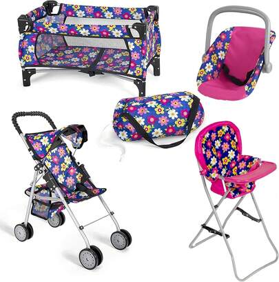 2026 Hot Spring & Summer Popular 4 Piece Baby Doll Play Set Flower Design, Foldable Pack N Play, Stroller, High Chair & Infant Seat, Fits Up To 18'' Doll, Best Gift For Leisure & Entertainment Activities