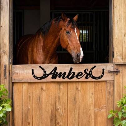 1pc Personalized Metal Horse Stable Sign With Barn Door Plaque - Name/Number/Date Wall-Mounted Equestrian Identification, Durable Iron Horse Stable Nameplate, Suitable For Barn, Farm/Horse Stall Signage, Holiday And Year-Round Decor
