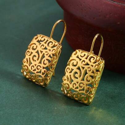 Classic Vintage Hollow Square Earrings, Casual Accessory For Women's Daily And Party Wear, Earrings