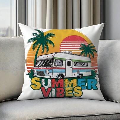 1个夏日日落露营车图案抱枕套，柔软桃绒面料，单面印花，尺寸45*45厘米，适用于客厅、卧室、沙发、家居装饰、节日礼物，不含枕芯