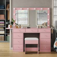 FUSOU Vanity Desk With Mirror & 12 LED Lights, Makeup Table With Power Outlet, 9 Drawers, Glass Top & Fold-Up Panel, White Dressing Table For Bedroom - 粉色 - 查看 1