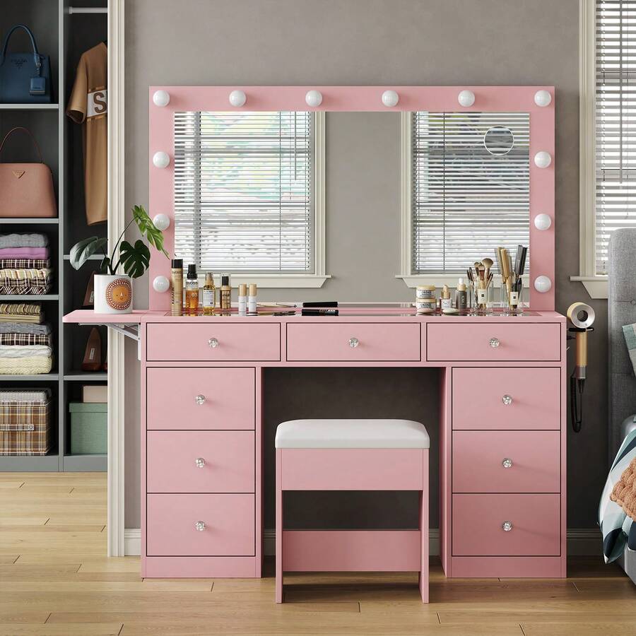 FUSOU Vanity Desk With Mirror & 12 LED Lights, Makeup Table With Power Outlet, 9 Drawers, Glass Top & Fold-Up Panel, White Dressing Table For Bedroom - 粉色 - 查看 1
