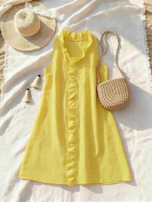 Cute Yellow Sleeveless V-Neck Short Dress, Ruffle Hem Mini Beach Vacation Dress - Yellow - View 3
