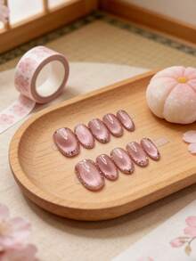 10片日式柔和风格樱花猫眼美甲贴纸，手工镶钻美白，可重复使用美甲贴 - 彩色 - 查看 4