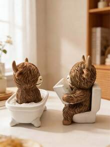 1 peça de decoração interessante para casa - Estátua de touro das Terras Altas lendo no vaso sanitário, decoração de banheiro em estilo rústico, feita de resina, pode ser usada como decoração para casa/escritório ou presente, não precisa de energia, design divertido, textura fina, adequada para o Dia das Mães, volta às aulas ou presente de aniversário divertido - multicolorido - Ver 5
