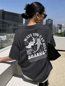 Kaos Wanita Kasual Leher Bulat Lengan Pendek dengan Motif Huruf & Kelautan, Serbaguna untuk Musim Semi/Panas - Abu-abu gelap - View 3