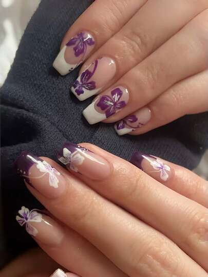 24 Pieces Long Square Pressed Nails, Spring And Summer Elegant And Graceful Flower Patterns, Purple And White French Flower Designs, Mid-Length Fake Nails, Acrylic Pressed Nails, Art For Nail Care Products, Suitable For Women's Gatherings, Dates, Weddings, Parties And Other Occasions, Enhancing Your Charm!