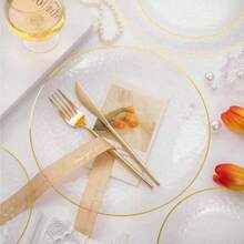 28 piezas Platos redondos transparentes con borde dorado (Plato grande de 10 pulgadas, Plato pequeño de 7 pulgadas), Platos de fiesta martillados, que incluyen 14 piezas Platos de postre transparentes y 14 piezas Platos de cena transparentes, adecuados para todas las ocasiones - transparente - Ver 9
