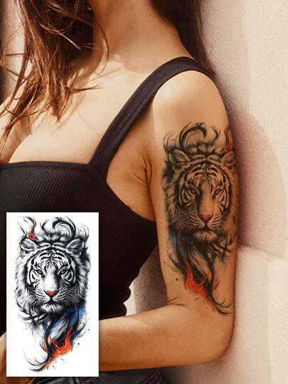 1 pièce Tatouage temporaire motif animal, tatouage autocollant design coloré mode tigre et flamme, dure 3-5 jours, peut couvrir les cicatrices, convient pour la poitrine, la taille, les bras, les cuisses ou le dos, idéal pour les fêtes, les cadeaux, les vacances, facile à appliquer et à enlever, tatouage corporel jetable