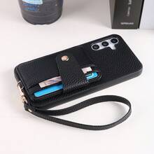 1件装优雅奢华挂绳卡包钱包式PU皮革手机壳，兼容三星Galaxy S25 Edge、S24、S23、S22、S21、S20 FE、Note 20 Ultra、A17、A16、A15、A07、A52、A53、A54、A25 5G、10、9 Pro XL、8、7、6、9a、8a、Note 15 Pro、14、13 4G、Poco C75，多功能保护套 - 黑色 - 查看 3