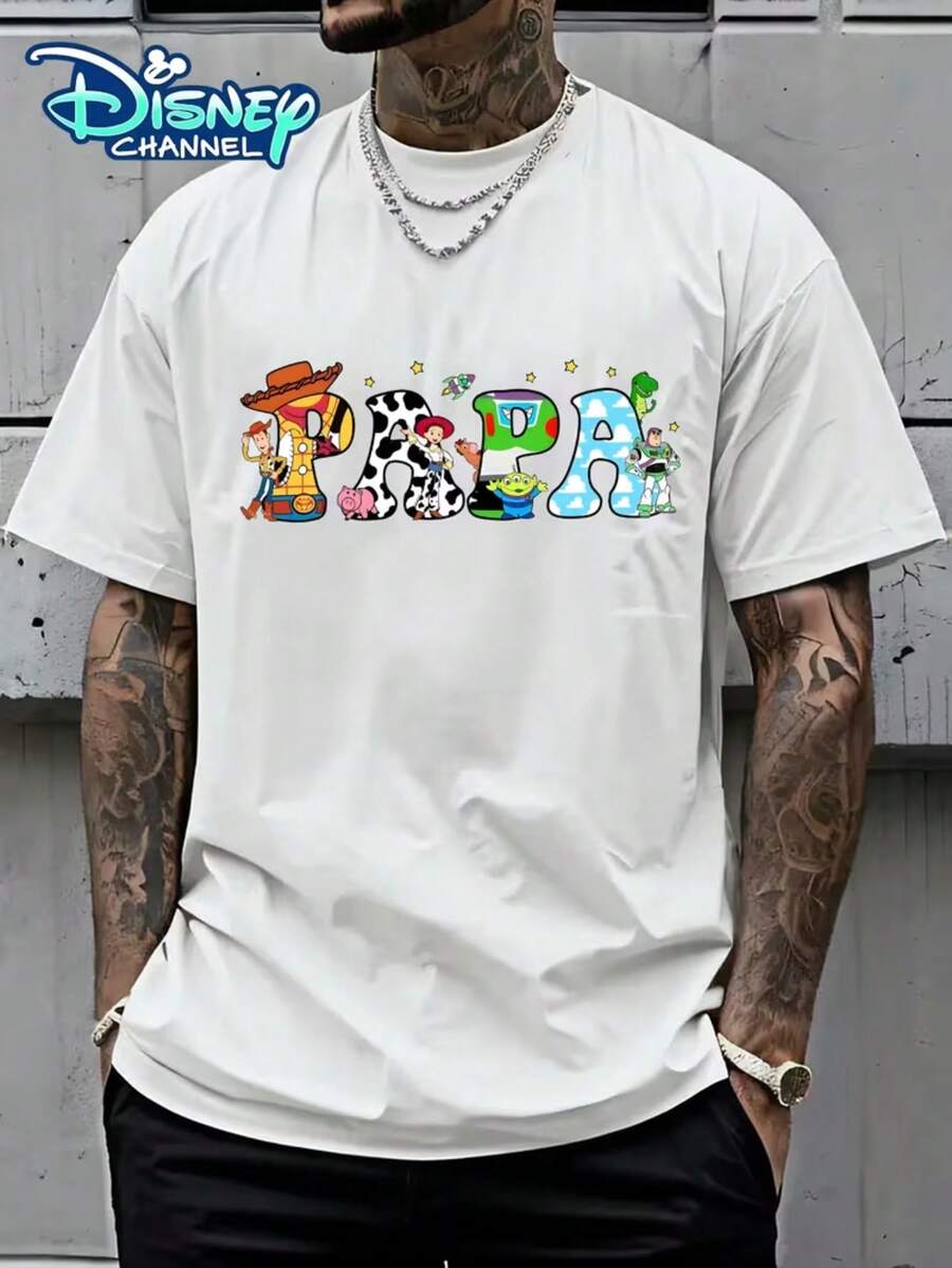 Authorized By Disney, Disney Toy Story PAPA Printed T-Shirt With Heavy Cotton Loose Men's Short Sleeves Is A Must-Have Item In Summer And A Gift For Disney Couples. - 白色 - 查看 1