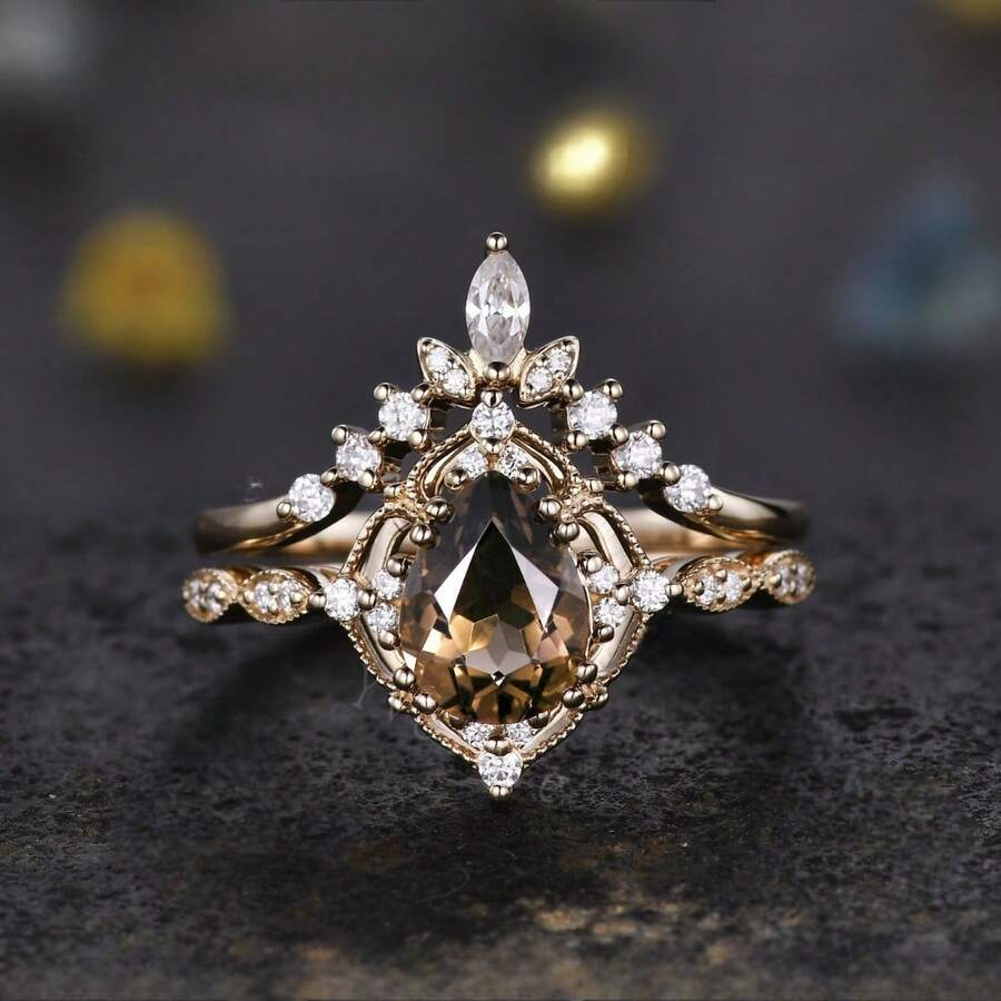 2 Pieces Copper Unique Design Luxurious Synthetic Zirconia Engagement Wedding Ring Anniversary Perfect Gift Jewelry - Star - View 1