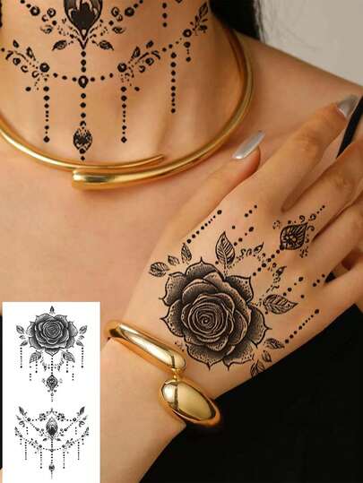 1pc Waterproof Black Henna Temporary Tattoo Sticker For Hand, Suitable For Women's Makeup, Valentine's Day, Bridal Wedding Party, Ramadan, Ramadan Clothing Accessories