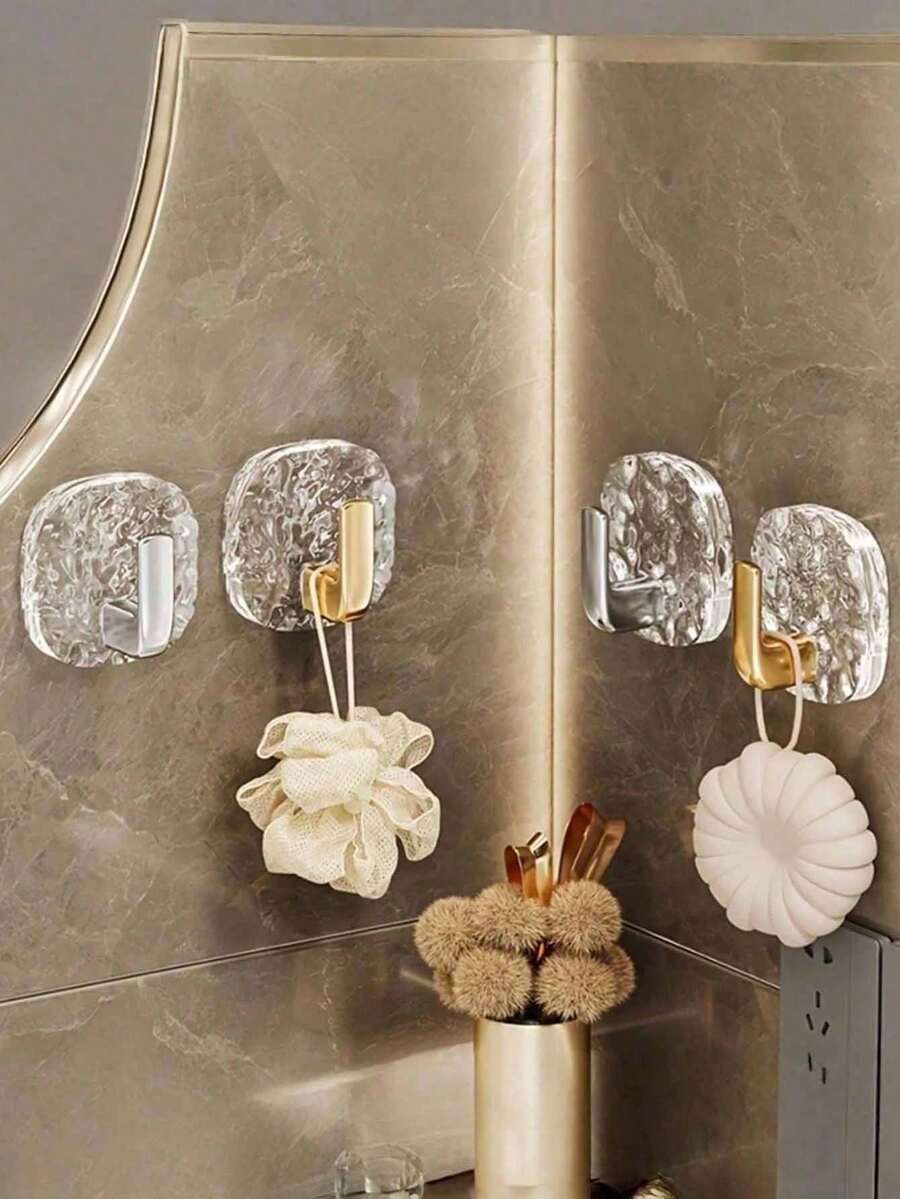 1/4pcs Gold/Silver Glacier Pattern Acrylic Adhesive Hooks, Heavy Duty Wall Mounted Hooks For Bathroom, Kitchen Towel Racks And Tool Organizers