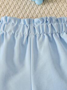 2pcs/Set Young Girls' Fresh & Gentle Contrast Color Collar Top + Solid Color Casual Shorts Set, Summer - Apricot - View 8