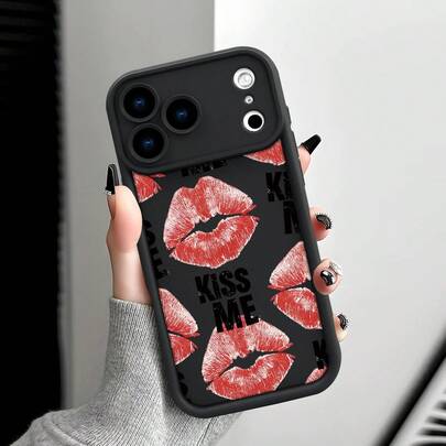 1pc Red Lip Print With Slogan Creative Elegant Portrait Suitable For Gifting To Elders, Friends, Family, Couples, Birthday, Festivals, Black Matte Soft Case Compatible With IPhone 17/16/15/14/13/12/11/Pro/ProMax/X/XR/XS/XSMAX/7/8/PLUS And Models