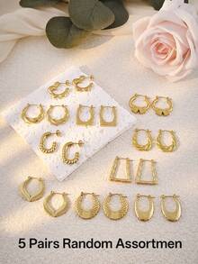5 pares de juego de aretes para mujeres, aretes de botón gruesos de acero inoxidable, aretes de moda vintage casuales adecuados para niñas, diseño de aretes para mujeres, corazón, redondo, cuadrado, asimétrico, geométrico, texturado, rayado, perfectos para uso diario y regalos de fiesta, joyería personalizada dorada - Multicolor - Ver 9