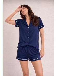 Women's American Summer Pajamas, 100% Cotton, Lightweight, Comfortable, High Durability - Navy Blue - View 1