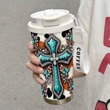1pc/5pcs 17oz Turquoise Gemstone Cross Leather Insulated Coffee Tumbler With Strap - Western Christian Traveler Cup, Cowgirl Gift - Multicolor - View 13