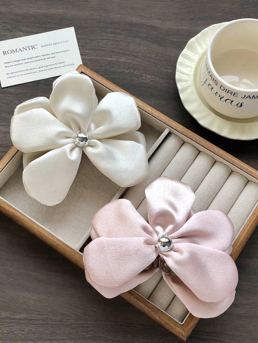 1个/2个缎面光泽3D花朵爪夹发髻发型配饰,适合婚礼和休闲外出度假必备发饰夏季沙滩发爪度假花朵发夹 - 彩色 - 查看 1