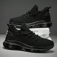 1 Pair Men's Breathable Knit Sneakers - Casual Lace-Up Trainers With Air Cushion, Non-Slip PVC Outsole, Fabric Upper, Lining And Insole, Synthetic Sole, Solid Color, Suitable For All Seasons - 黑色 - 查看 2