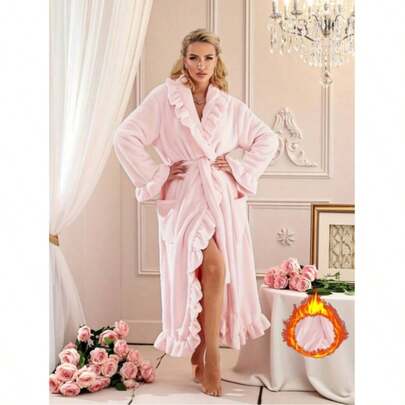 Bộ 2 áo choàng tắm nữ siêu mềm mại, chất liệu lông cừu dày dặn, viền bèo nhún, áo choàng thời trang viền bèo nhún có túi bên hông, áo choàng tắm dài ấm áp, áo choàng spa sang trọng, đồ mặc nhà, đồ ngủ.