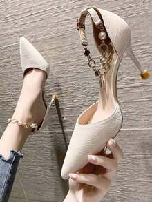 Zapatos de tacón alto de punta fina para mujer, tacón delgado, bombas de estilo francés versátiles - Beis - Ver 3